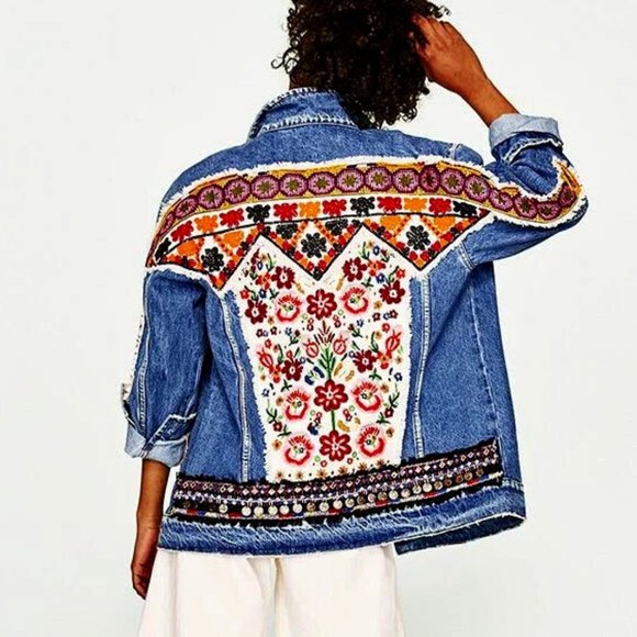 Zara Jackets & Blazers - NWOT ZARA Trafaluc Denim Boho Ethnic Beaded Embroidered Distress Jean Jacket LG